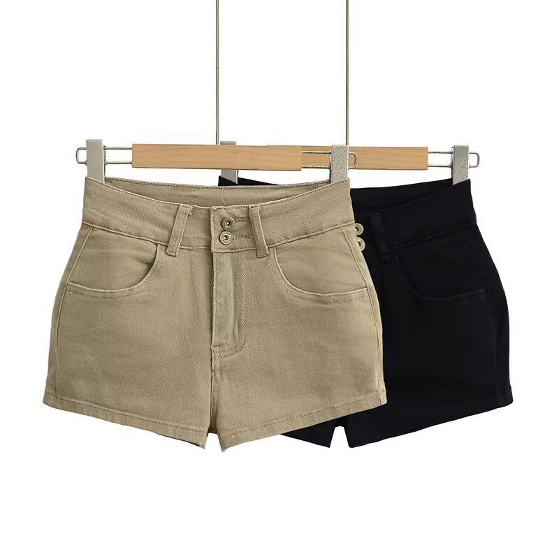 American Spice Girl Two-grain Buckle Hip Denim Shorts Women's Spring and Summer 2025 New Hip Pad Long Slim-fit Hot Pants