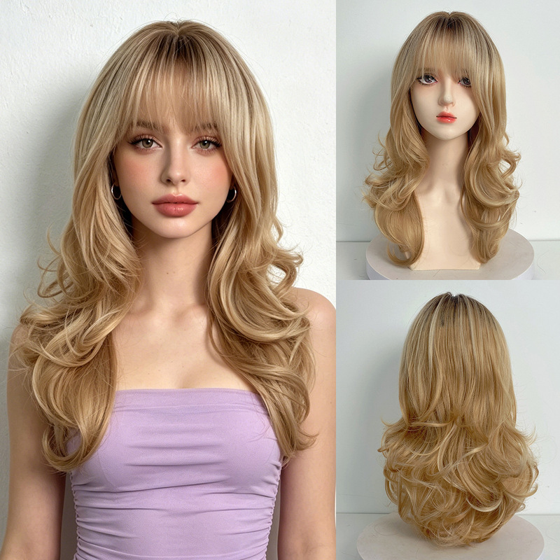 Temu Cross-Border Hot-Selling Golden Brown Gradient Full Bangs Wavy Long Curly Hair European and American Style Synthetic Fiber Wig Wholesale Temu Cross-Border Hot-Selling Golden Brown Gradient Full Bangs Wavy Long Curly Hair European and American Style Synthetic Fiber Wig Wholesale