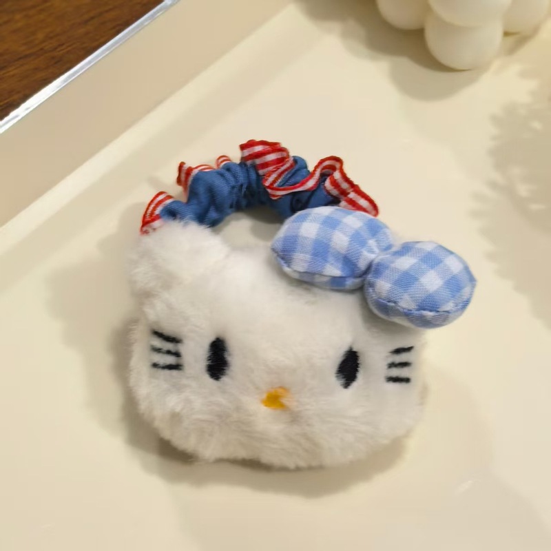可爱蓝色格子猫咪牛仔发圈日系甜美高颜值少女风马尾发绳发饰批发|undefined