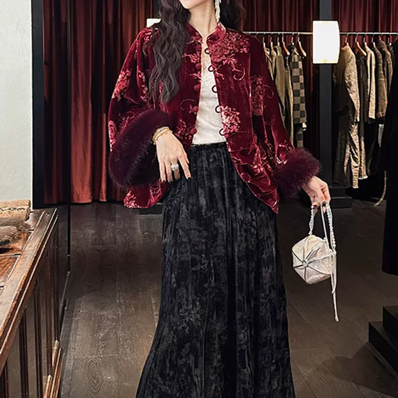 【云为衫】牡丹烂花丝绒毛袖棉服2025冬季新款复古新中式上衣外套