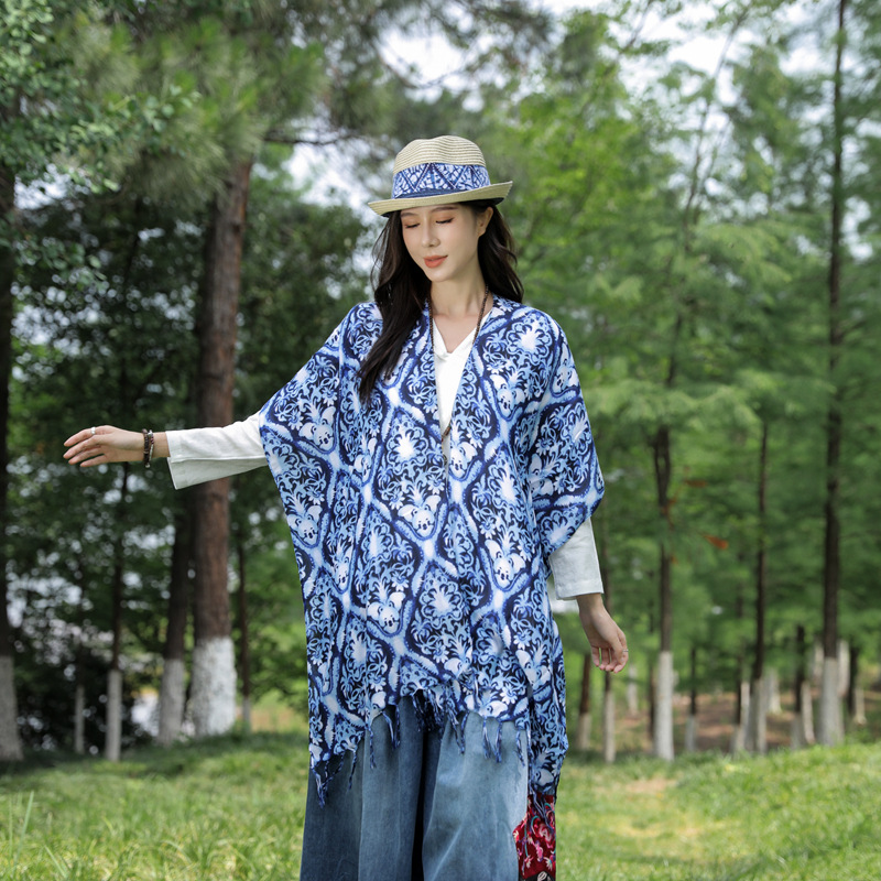 2023 nuevo estilo étnico en forma de diamante bufanda de algodón y lino bufanda de viaje Yunnan cálido protector solar