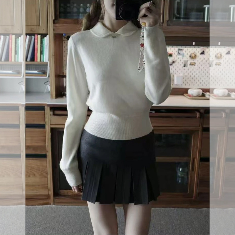 Milky Soft and Waxy White Waist Sweater for Women 2025 Autumn and Winter Simple Casual Doll Collar Long-Sleeved Knitwear Top