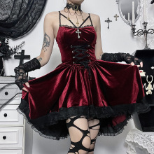JY23501万圣节暗黑绒面绑带收腰连衣裙 欧美风性感蕾丝吊带短裙女