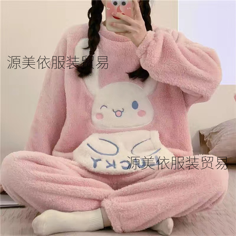 Autumn and winter flannel pajamas for women, round neck, coral fleece, cute, plush, thickened, two-piece home wear, cartoon design, available for wholesale Autumn and winter flannel pajamas for women, round neck, coral fleece, cute, plush, thickened, two-piece home wear, cartoon design, available for wholesale