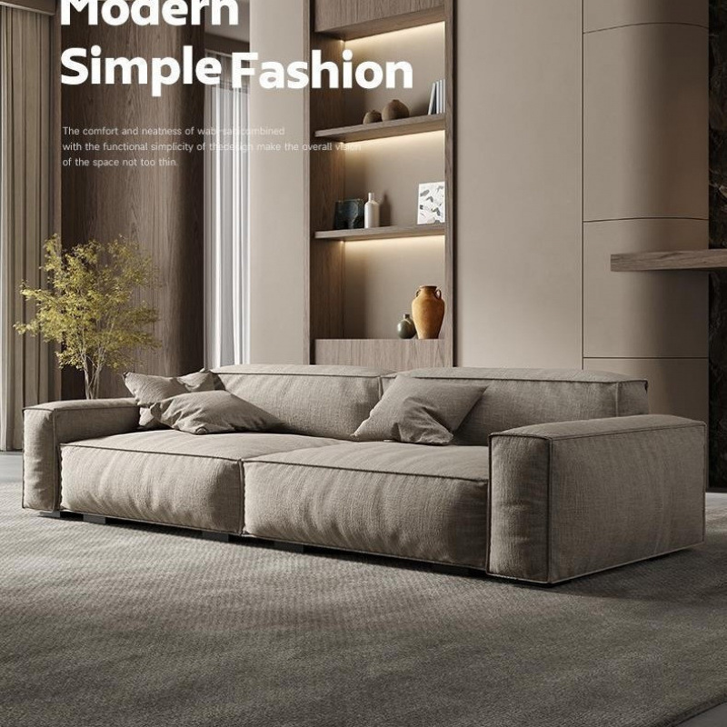 Japanese Wabi-Sabi Style Cotton and Linen Fabric Sofa Set for Living Room, Straight Row for Three or Four People, Italian Minimalist Linen Tofu Block