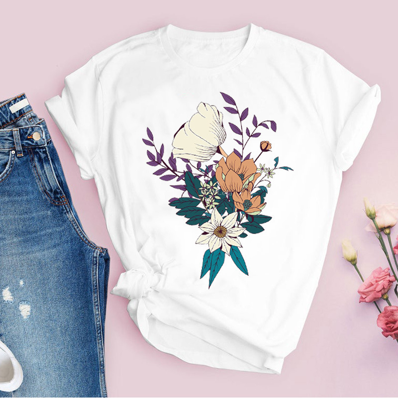 Short sleeve graphic flower floral fashion casual cute 90's style vintage women's T-shirt print top T-shirt