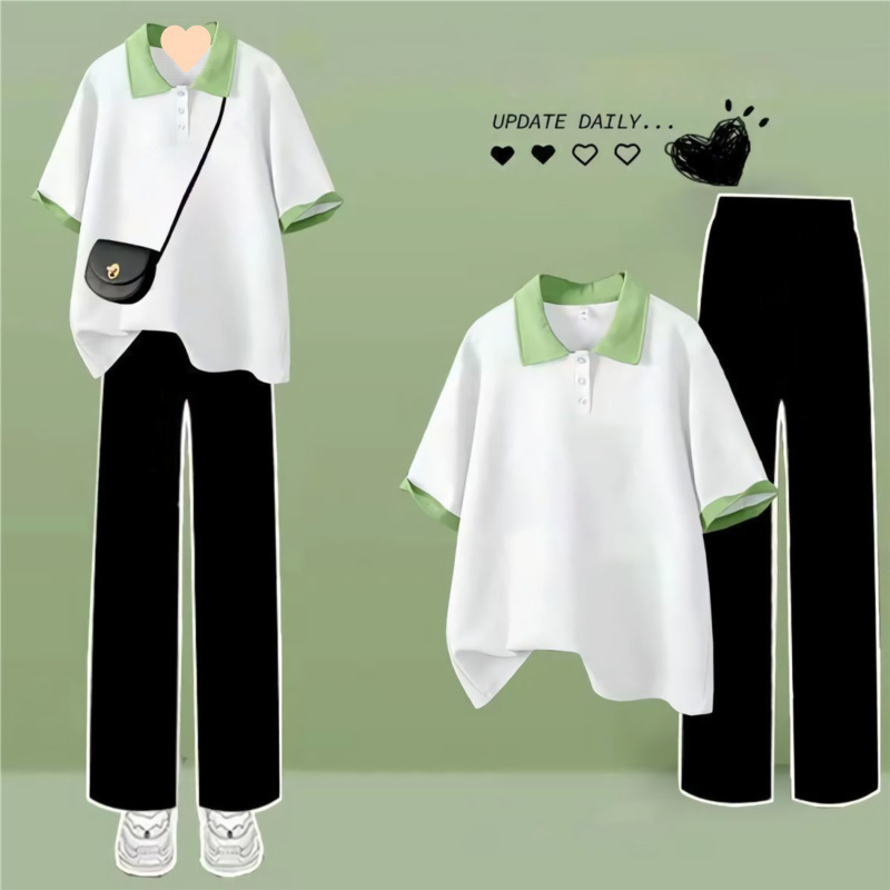 흰색과 녹색 탑 + 검정색 와이드 팬츠