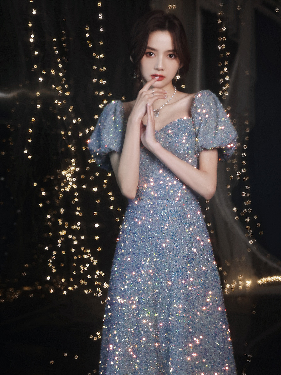 Vestido de noche con lentejuelas estilo ligero lujo nicho vestido femenino banquete elegante Socialite sentido transfronterizo anfitrión rendimiento vestido