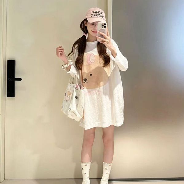 TWOI Japanese-style cute bear print long-sleeve T-shirt pajamas for women, spring and autumn, casual loungewear, 2026 new collection