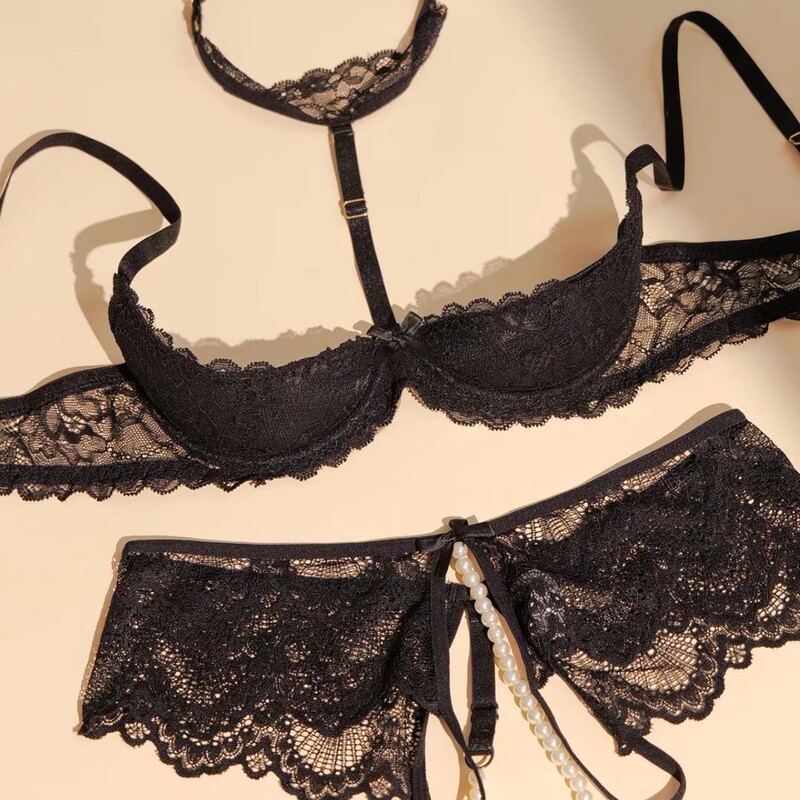 French-Style Sexy Lingerie for Women with Small Bust, Underwire, Push-Up, Enhancing Lace, Pure Desire, Quarter Cup Bra Set