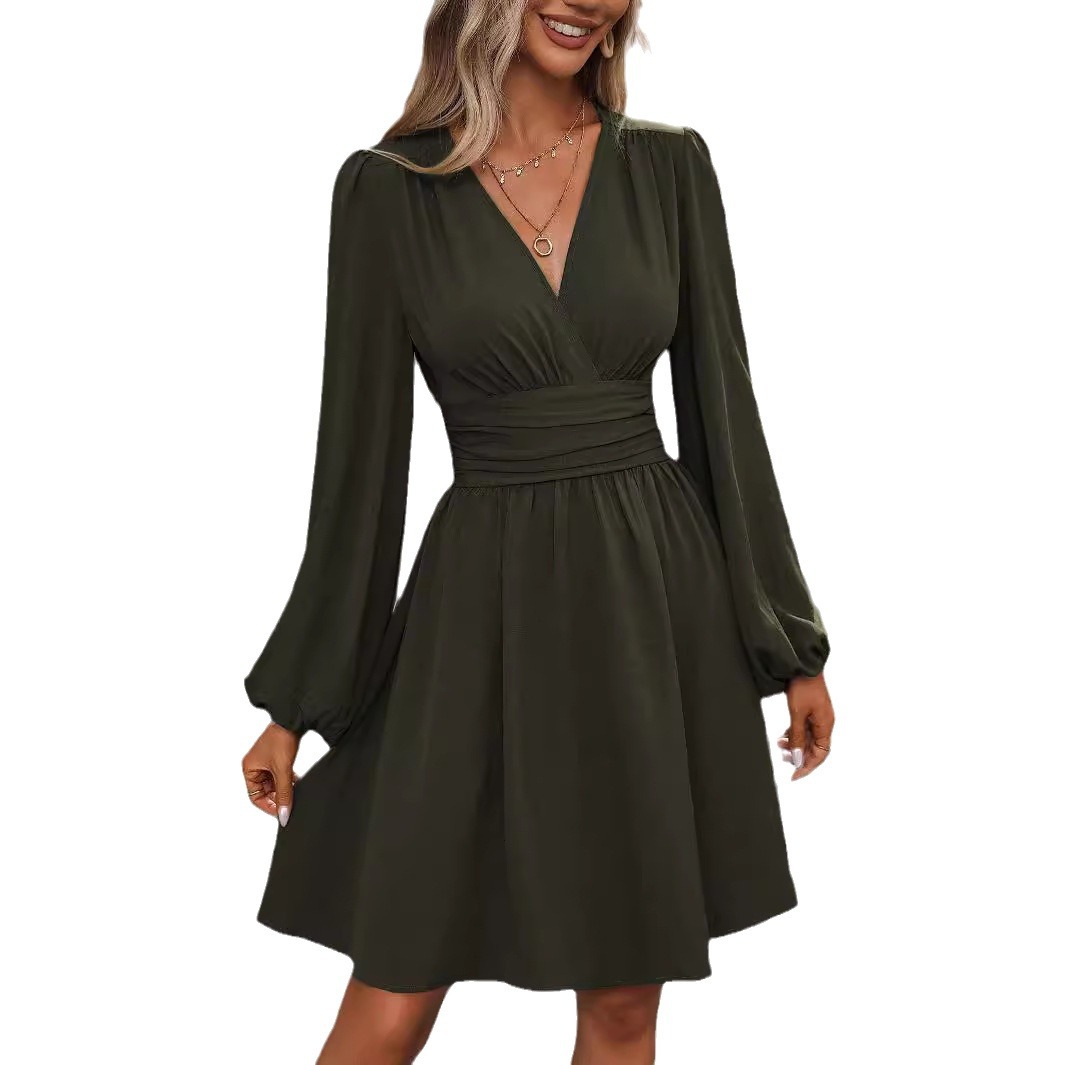 Autumn Winter New Asymmetric Neck Lantern Sleeve Ruched Waist Dress_ecoleips.com