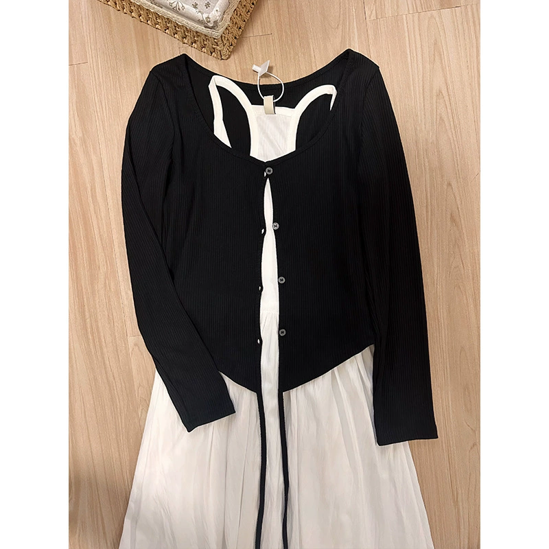 Autumn Women's Dress Set, Korean Style Long Skirt with Cardigan, Lightweight Layering