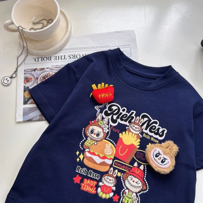 【親子ウェア】純綿トップス 男の子 女の子用 バニーフライドポテト 半袖Tシャツ 2025新作 漫画人形 半袖|undefined