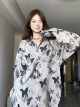 美式潮牌蝴蝶印花短袖衬衫夏季高级感休闲慵懒风宽松大码情侣衬衣