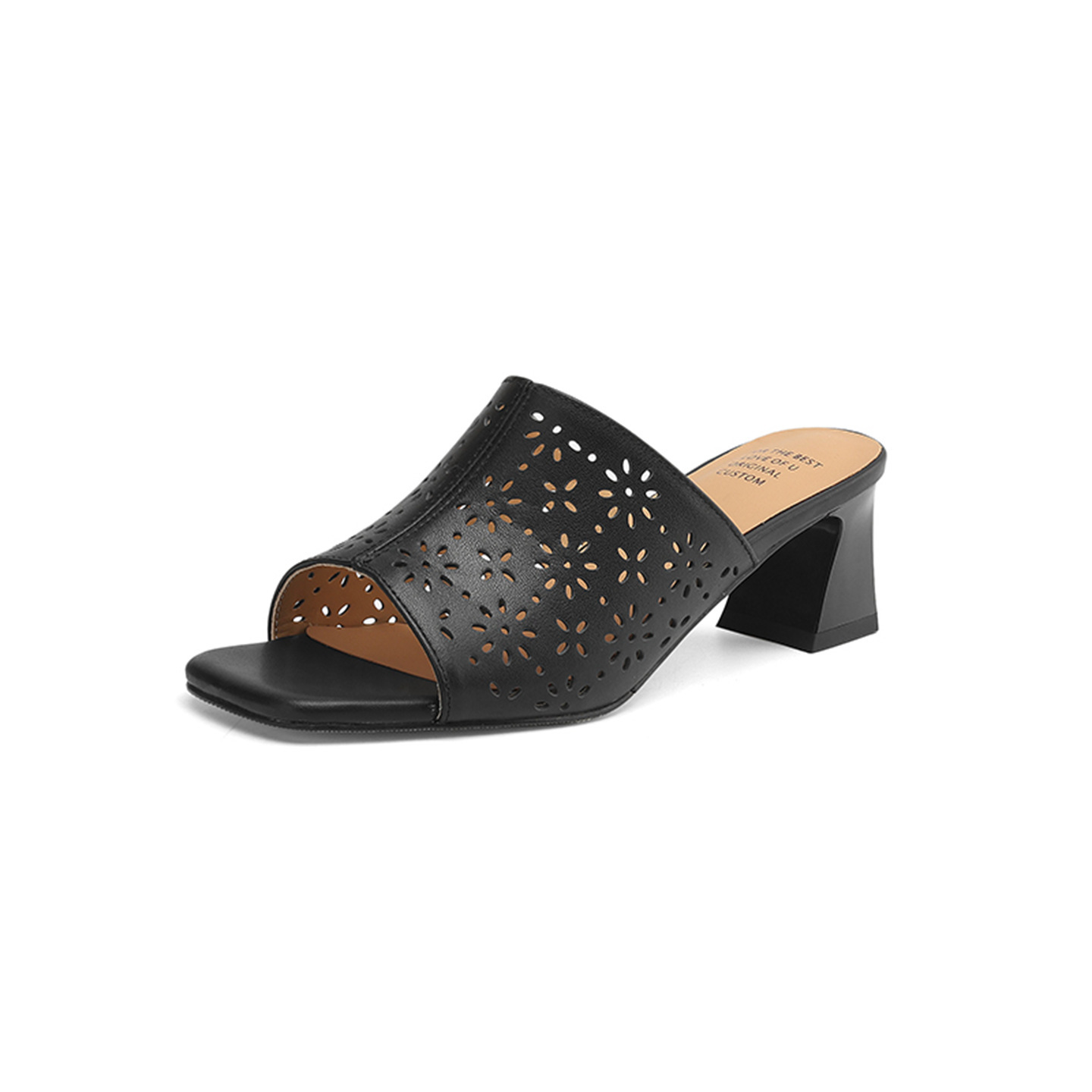 Sandal cao gót nữ hở mũi quai ngang da bò đục lỗ, gót 5 cm — đen chi tiết 22