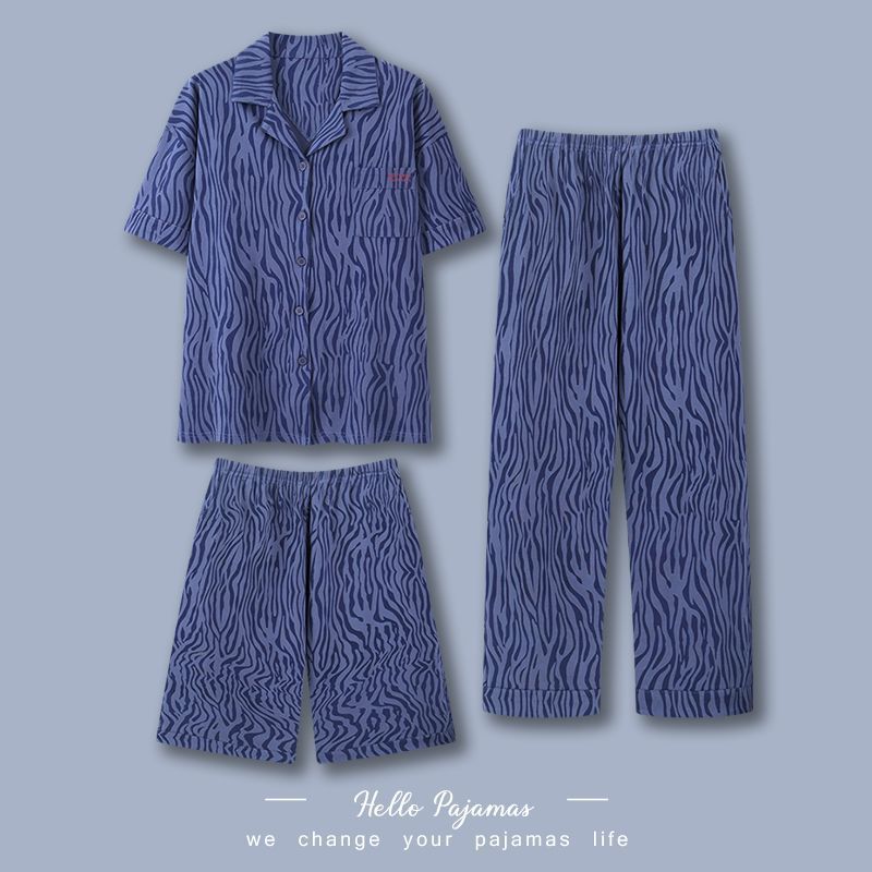 Pijamas de tres piezas para hombre verano 100% algodón pantalones de manga corta traje Delgado verano dibujos animados más tamaño homewear