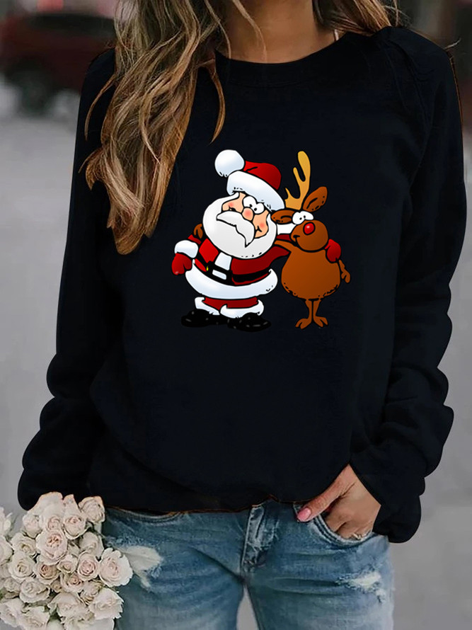Round Neck Neckline Warm, Comfort Function Hoodies & Sweatshirts Long Sleeve Printing Christmas Santa Claus Reindeer