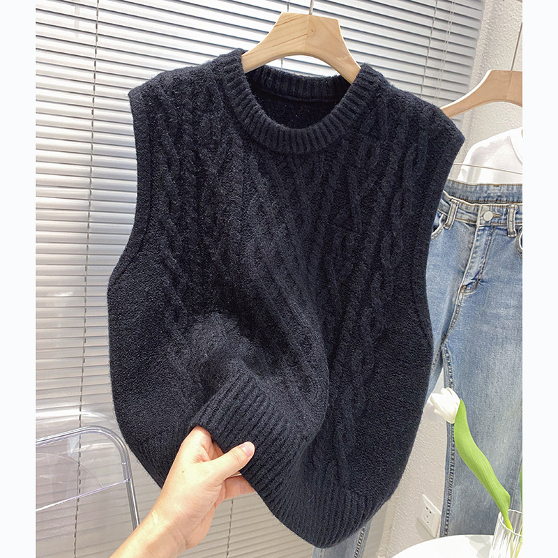Estilo coreano grueso flojo apilado Chaleco de punto exterior cuello redondo chaleco vintage giro suéter sin mangas para las mujeres Otoño e Invierno