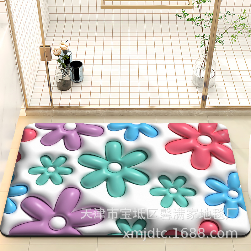 Diseño original 3D visión baño puerta antideslizante absorbente de secado rápido resistente al desgaste estera del pie simple pequeña flor absorbente