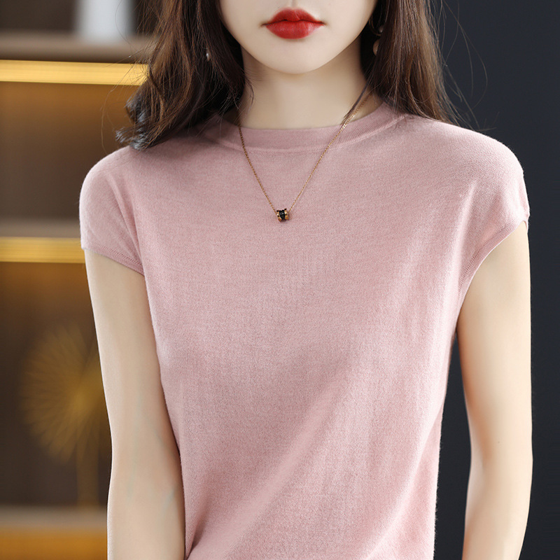 Summer New Arrival Worsted Wool Short-Sleeved Women's Round Neck Solid Color Sleeveless Vest Loose Casual Knitted Base T-Shirt