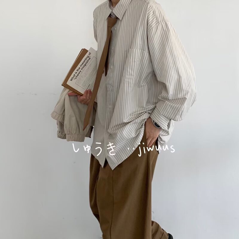 Spring and Autumn Japanese Retro Light-Colored Striped Long-Sleeve Shirt Men's College Style Loose Plus-Size Casual Shirt Jacket Trendy
