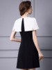 Shawl style dress， summer black and white contrasting color patchwork， three-dimensional floral skirt