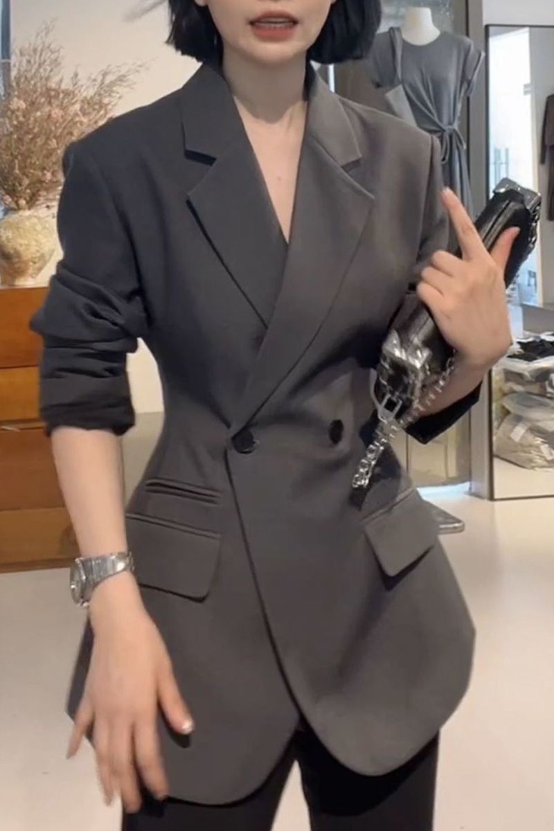Elegant Gray Blazer for Women, New Korean Style for Spring and Autumn, Waist-Cinching, Slimming, Trendy Small Suit Jacket