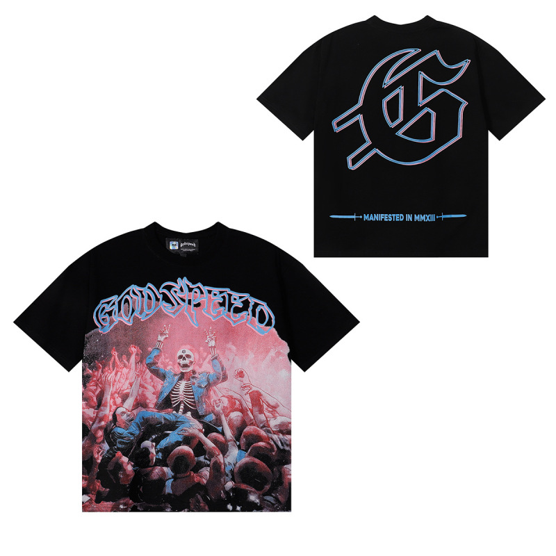 夏新作 Godspeed アメリカのハイストリートファッションブランド スカルロック ペアレタープリント 半袖Tシャツ メンズ|undefined