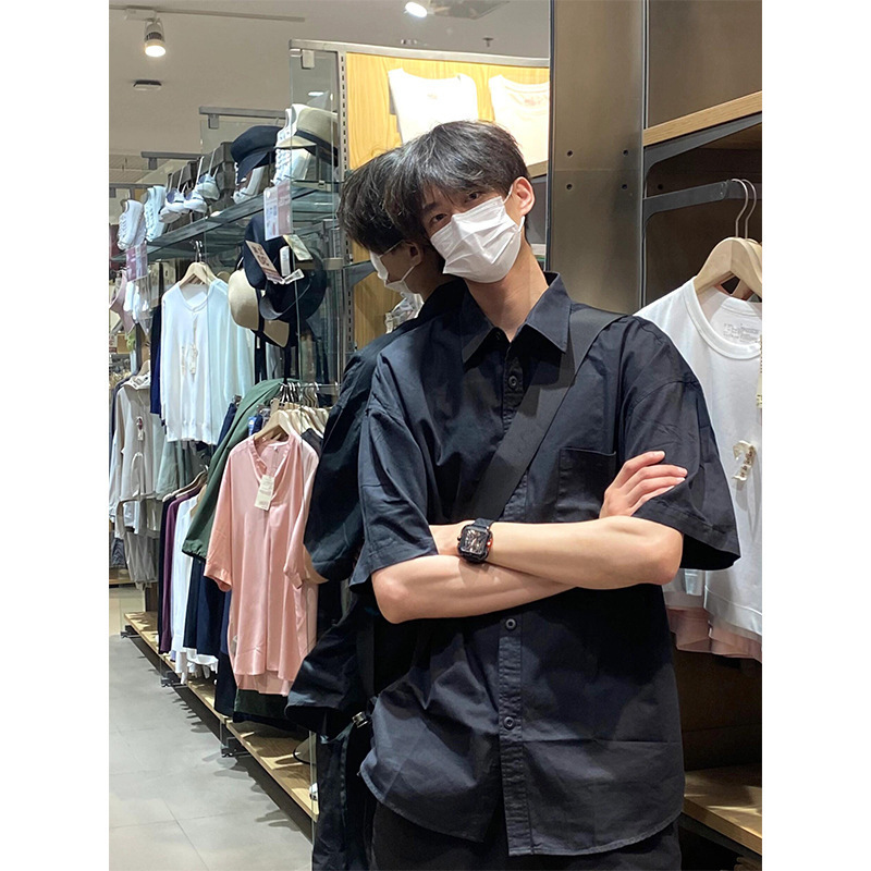 Short-Sleeved Shirt Black Lapel Men's Summer High-End Handsome Casual Work Shirt American Cleanfit Jacket Short-Sleeved Shirt Black Lapel Men's Summer High-End Handsome Casual Work Shirt American Cleanfit Jacket