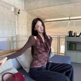 长袖打底衫女秋冬2025新款t恤设计感韩系漂亮小上衣网纱荡领飘带