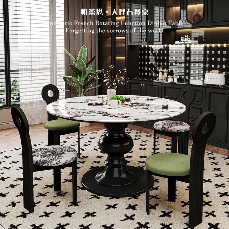 French Retro Solid Wood Simple Accessible Luxury Marble Round Table 2025 New Designer Cream Style Black Dining Table and Chairs