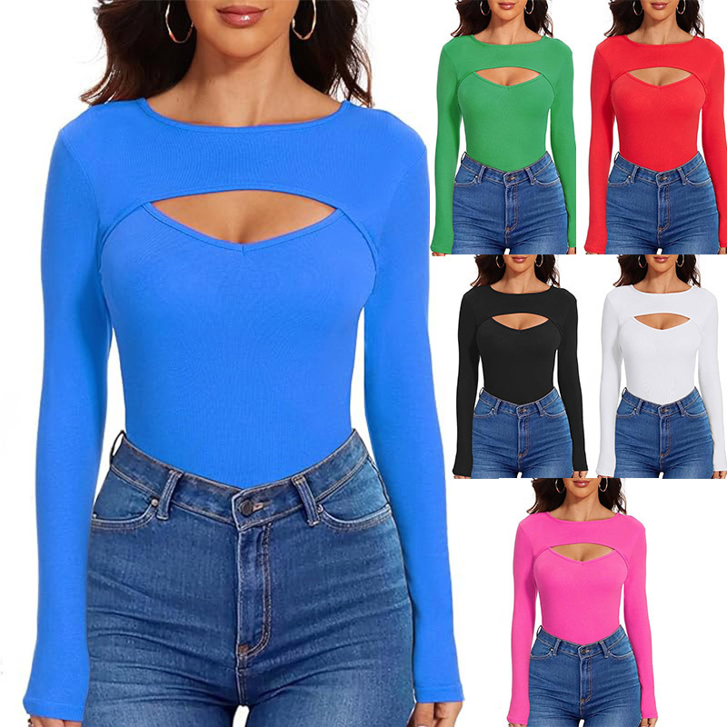 2025 Cross-border Foreign Trade Women's Long-sleeved Top Front Hollow Slim T-shirt Sexy Casual Long-sleeved Top