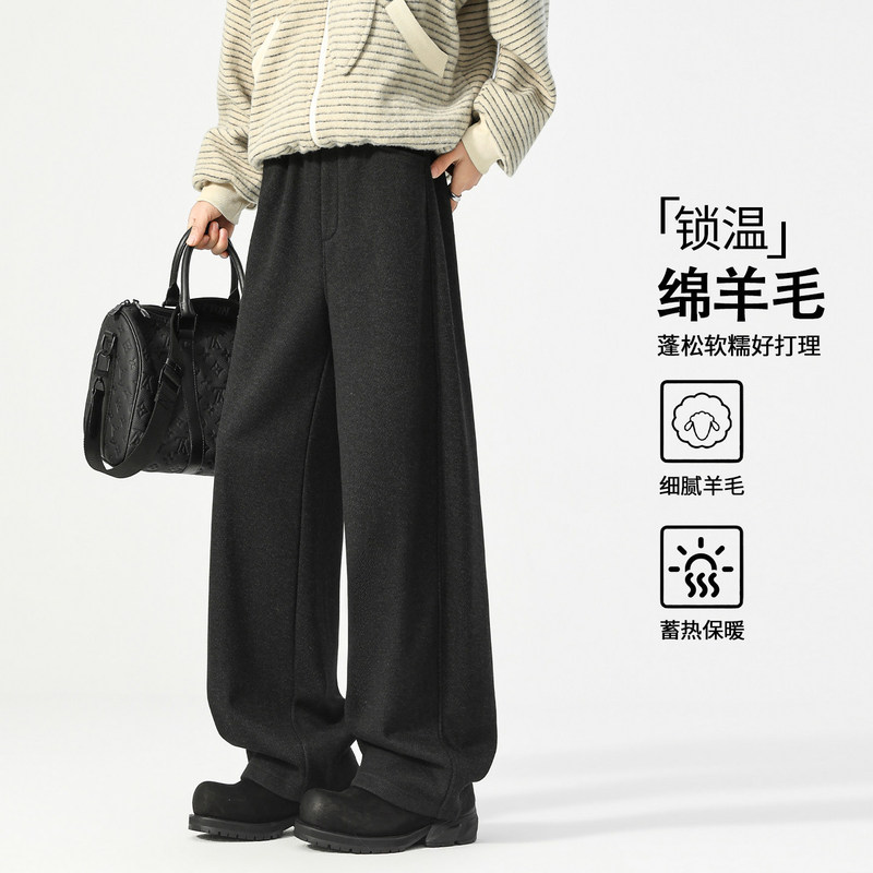 Fleece-Lined Thickened Pants for Men, Winter Woolen Wide-Leg Pants, Casual Straight-Leg Pants, Loose American-Style Sweatpants