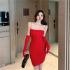 One line collar low cut open back slim fit buttock wrapped skirt knitted skirt suspender dress + sleeves