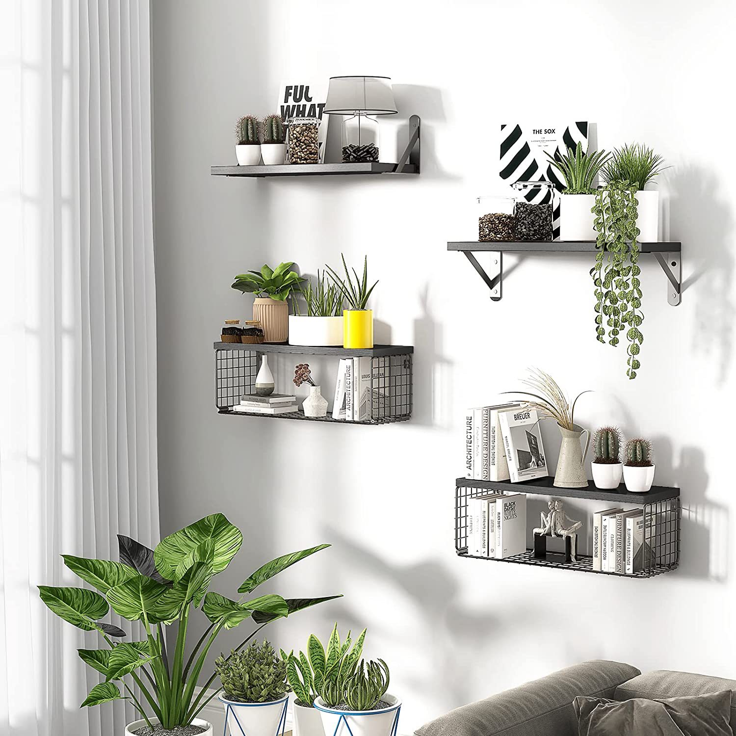 Amazon flotante estante de pared de madera estante de baño con cesta de almacenamiento de alambre dormitorio cocina sala de estar estante de madera