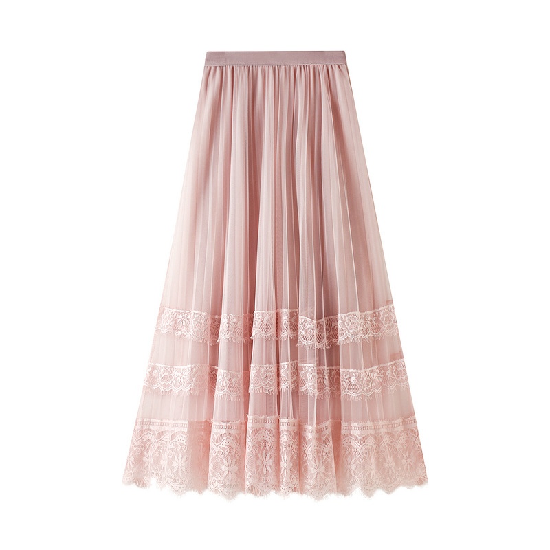 Skirt 2025 Spring Korean Style New High-Waist Lace Splicing Mesh Skirt Women's Pleated Skirt A-Line Mid-Length Skirt 8585