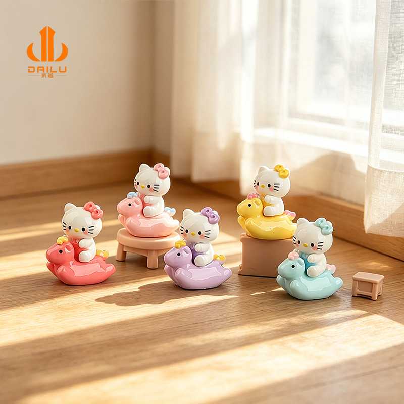 Cartoon Riding a Little Horse Kt Kitten Cute Figurine DIY Resin Accessory Desktop Car Decoration Small Ornament