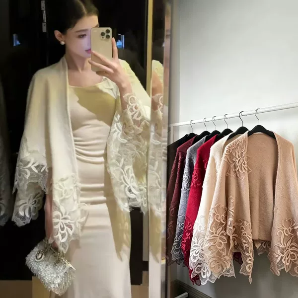 Imitation mink cashmere lace Chinese-style outerwear cheongsam shawl with slit, cross-border shawl, new Chinese-style lace autumn and winter cape