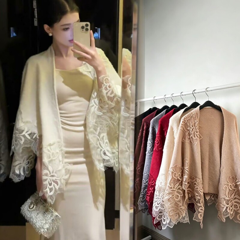 Imitation mink cashmere lace Chinese-style outerwear cheongsam shawl with slit, cross-border shawl, new Chinese-style lace autumn and winter cape