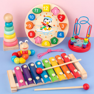 Wooden Rainbow Tower Piano Twist Car Set Column Small Beaded Sand Ball Rattle Clock Beaded Eight-piece Set
