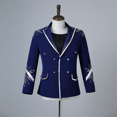 Men's youth navy blue jazz dance singers band dj ds blazers dress suit stage performance coats Male song DS boy group dance jackets
