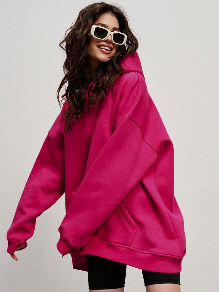 Áo hoodie nỉ lông dáng rộng có mũ và túi, tay dài, dáng unisex — Màu cà phê, Màu hồng, Màu xám, Màu đen chi tiết 40