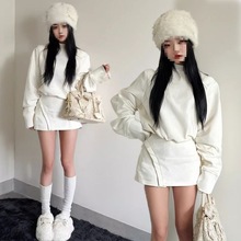 休闲套装冬季色加绒加厚长袖卫衣女+松紧腰开叉半身短裙两件套