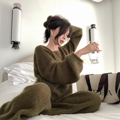 施薇靓 呼吸之间 秋冬高奢超细南非羔真丝毛衣阔腿裤套装
