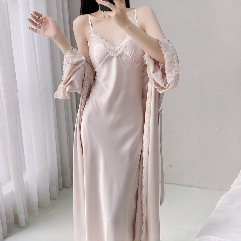 Long Ice Silk Women's Spring and Summer Thin Silk Pajamas with Straps, Sexy Nightgown, Extended Lace Robe Two-Piece Set Long Ice Silk Women's Spring and Summer Thin Silk Pajamas with Straps, Sexy Nightgown, Extended Lace Robe Two-Piece Set