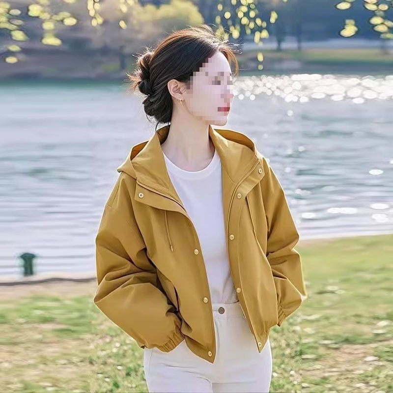 连帽好看新款春季今年休闲宽松超流行小众黄色短款外套女|undefined