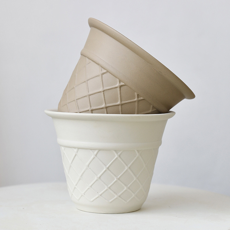 Ice cream cone flower pot stoneware unglazed handmade ceramic green plant breathable clay potted cream pottery pot ins