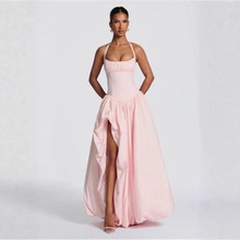 欧美挂脖无袖不规则花苞蓬蓬下摆长裙2025秋季新品时尚修身礼服裙