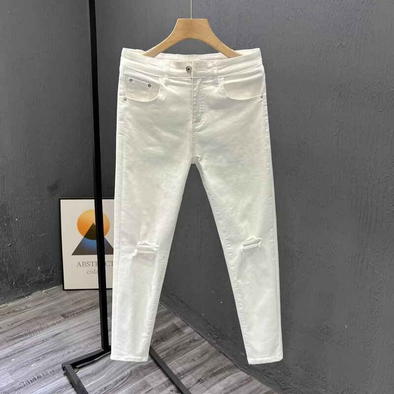 Men's white ripped jeans spring and summer slim fit skinny pants Korean style fashionable stretch casual fashionable cropped pants