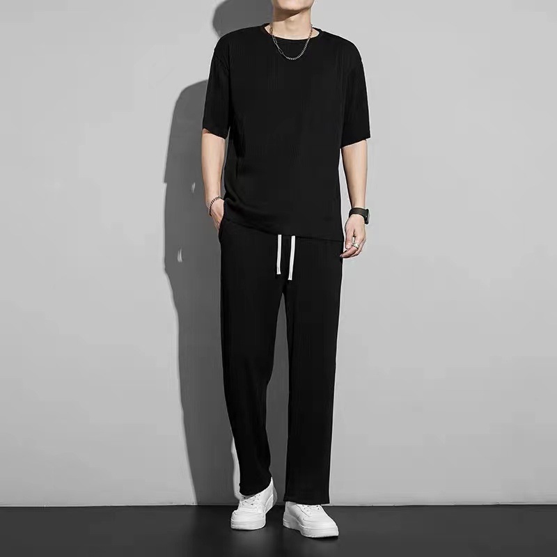Ice Silk Sports suit Men's Summer Thin 2023 New Casual Long Pants Short-sleeved T-shirt Quick-drying Clothes Set